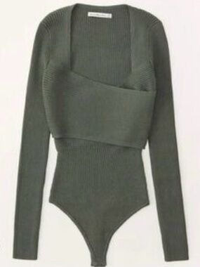 Abercrombie & Fitch Olive Asymmetric Ribbed Long-Sleeve Bodysuit